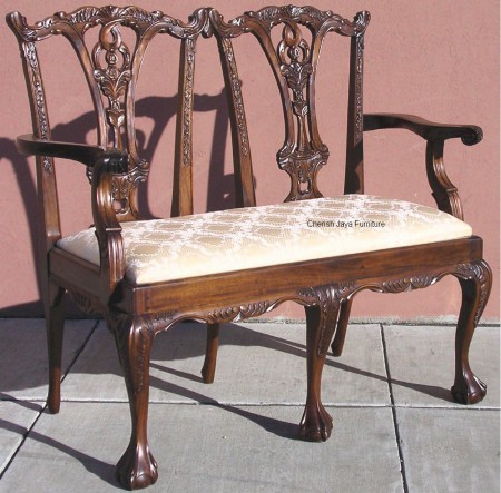 Code: CS 230-M Name: Chippendale Chair 2 Seater Size: W=135 x D=47 x H=90 cm Wood: Solid Mahogany With beautiful upholstery or on request any other type/color of upholstery.